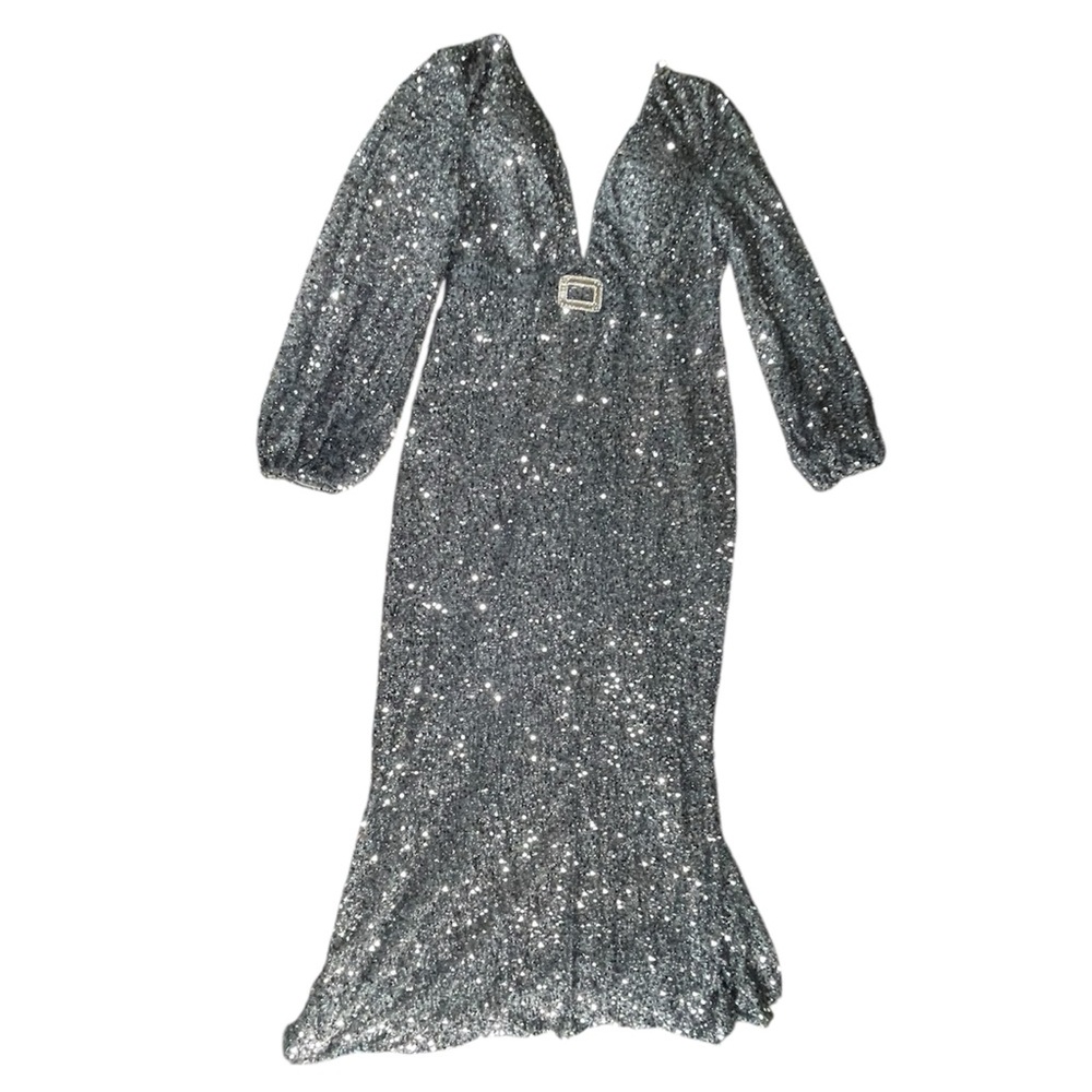 Silver sequined long gown dress